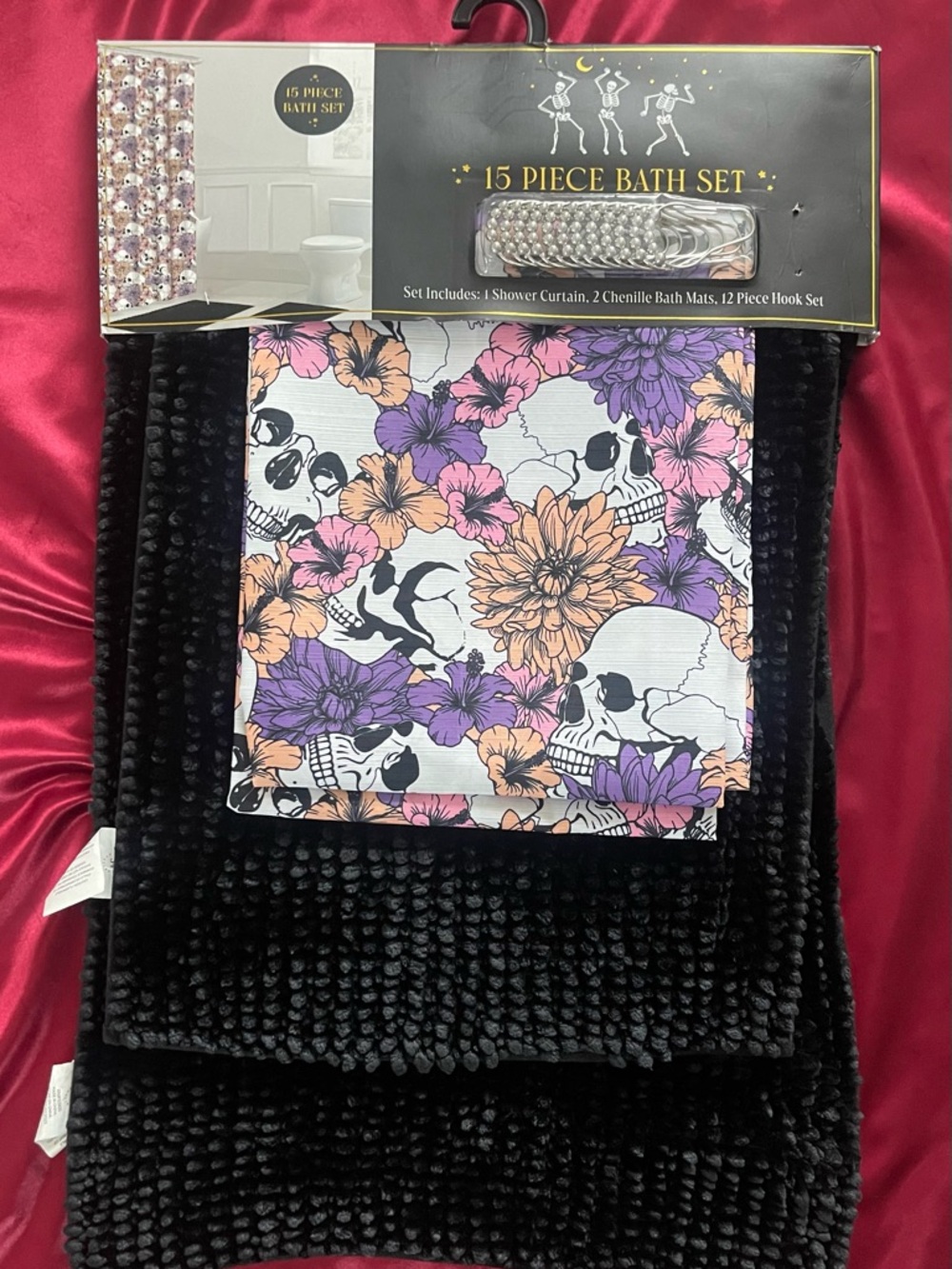 15-Piece Bath Set with Floral Skull Shower Curtain and Black Chenille Mats